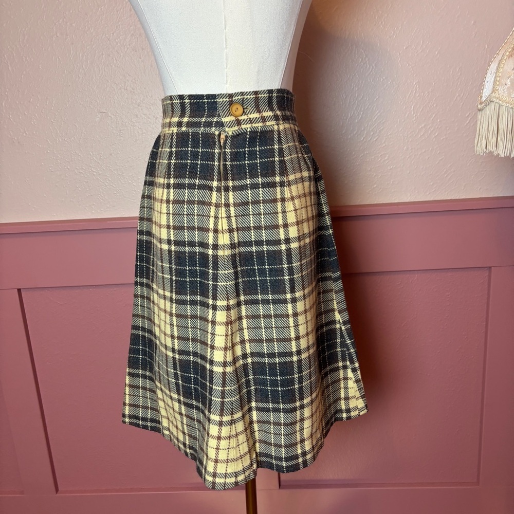 vtg 80s plaid cottage indie high waisted skirt small brown grey cream - Picture 2 of 11